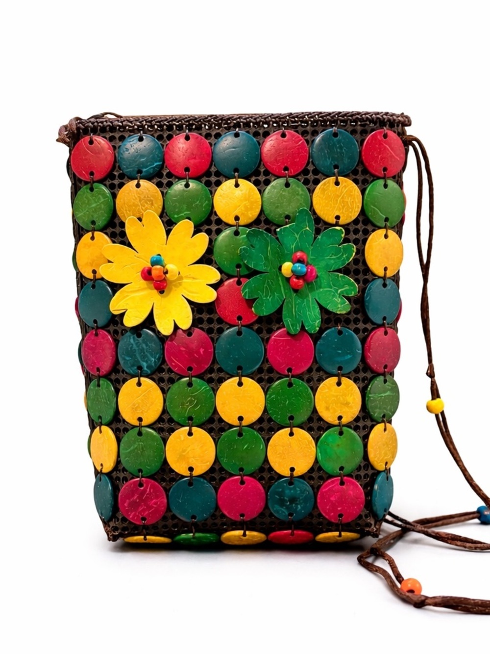 Vintage Boho Coconut Shell Floral Crossbody Bag Multicolor Handmade